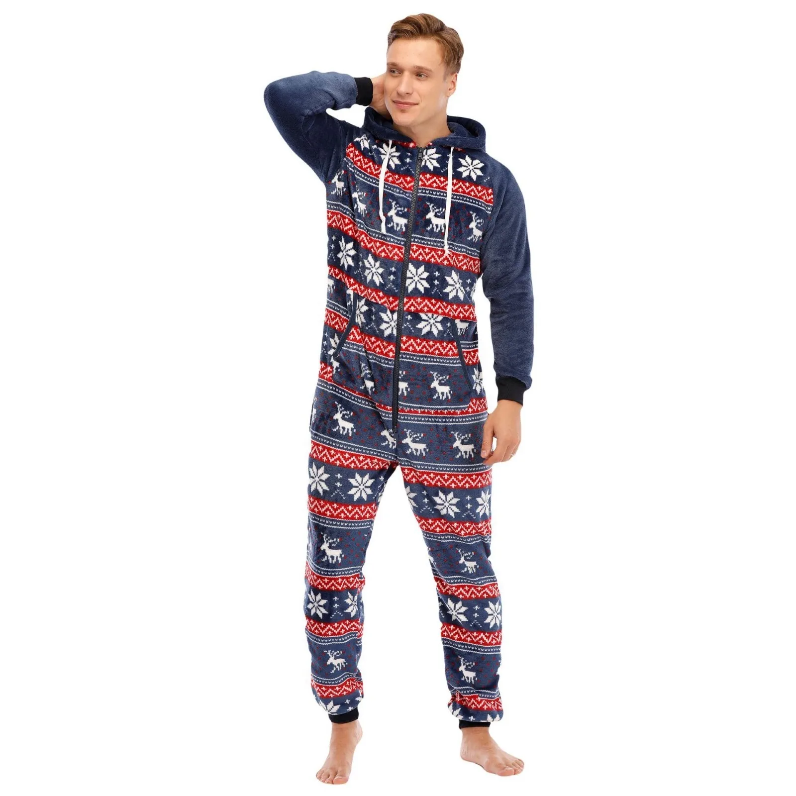 Mens Onesie Jumpsuit Pajamas Long Sleeve Sweatpants Christmas Printed  Splicing Autumn Winter Casual Hoodie Male Zipper Jumpsuit