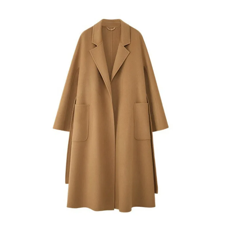HKSH 2025 Herbst Winter Neue frauen Doppelseitige Wolle Mantel Einfarbig Taschen Gürtel Elegante High-End-dicken Langen Mantel HK15529