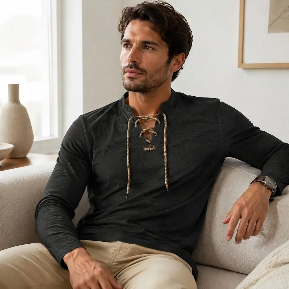 Men Lace Up Neck Shirt, V-Neck Long Sleeve Pullover, Retro Casual Base Layer for Daily Wear Medieval Viking Pirate Cosplay