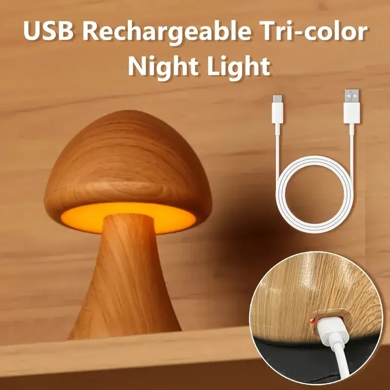 1pc 3 color USB Rechargeable Wooden Mushroom LED Night Light Touch Control With Adjustable 3 Color Temperature For Home Decor