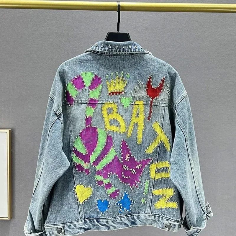 Women's 2024 Autumn/Winter New Spicy Girls Street Fashion Personalized Graffiti Letter Sequin Embroidery Heavy Duty Denim Jacket