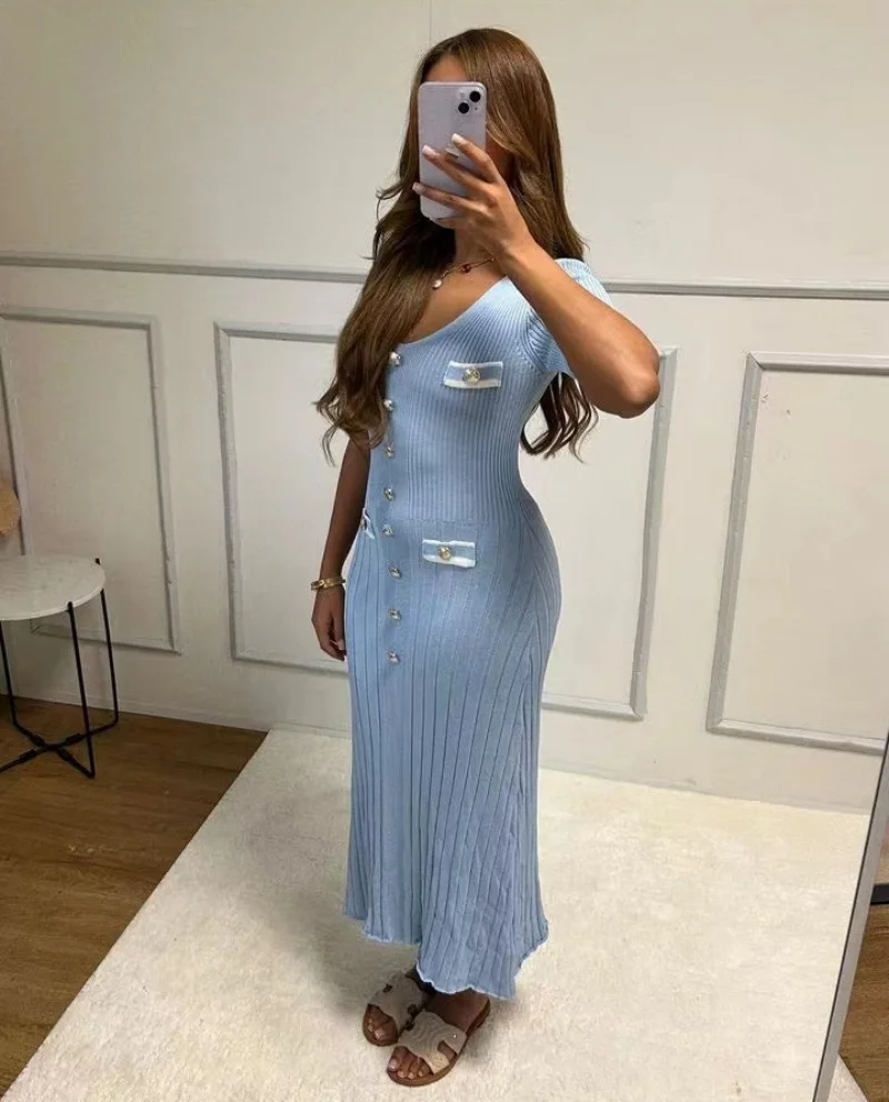 Eleganckie, dzianinowe sukienki maxi Bodycon z krótkim rękawem, falbankami, jednorzędowe, 2025, nowa sukienka Casual Communte Streetwear Vestidos