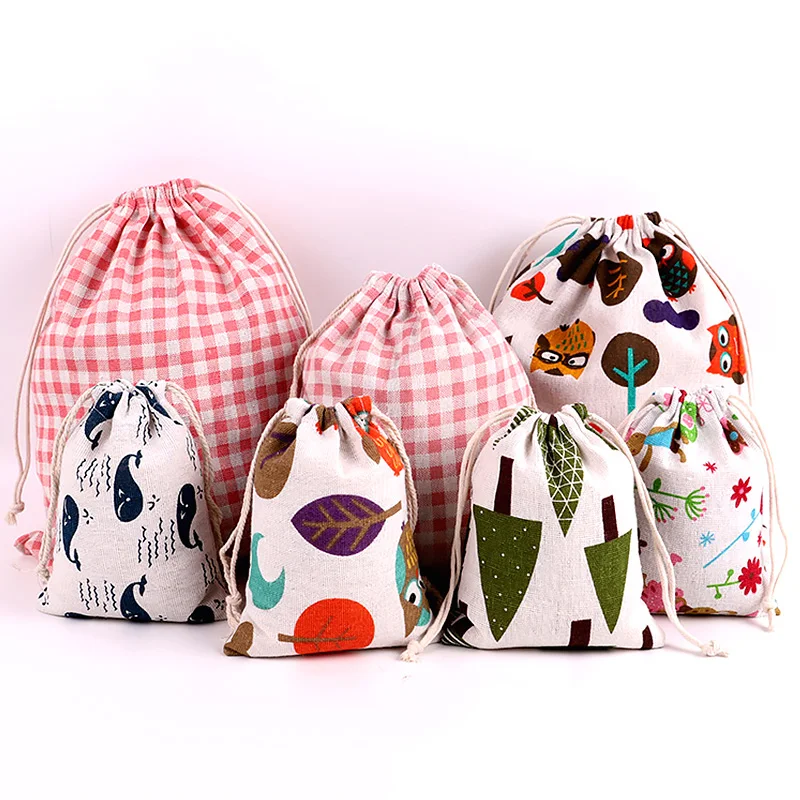 Pochette en tissu de coton et lin pour enfants, sac à cordon avec imprimé Animal et plante mignon, sac de rangement de chaussures en tissu de voyage pour enfants, trousse de maquillage, sac cadeau 1 pièce