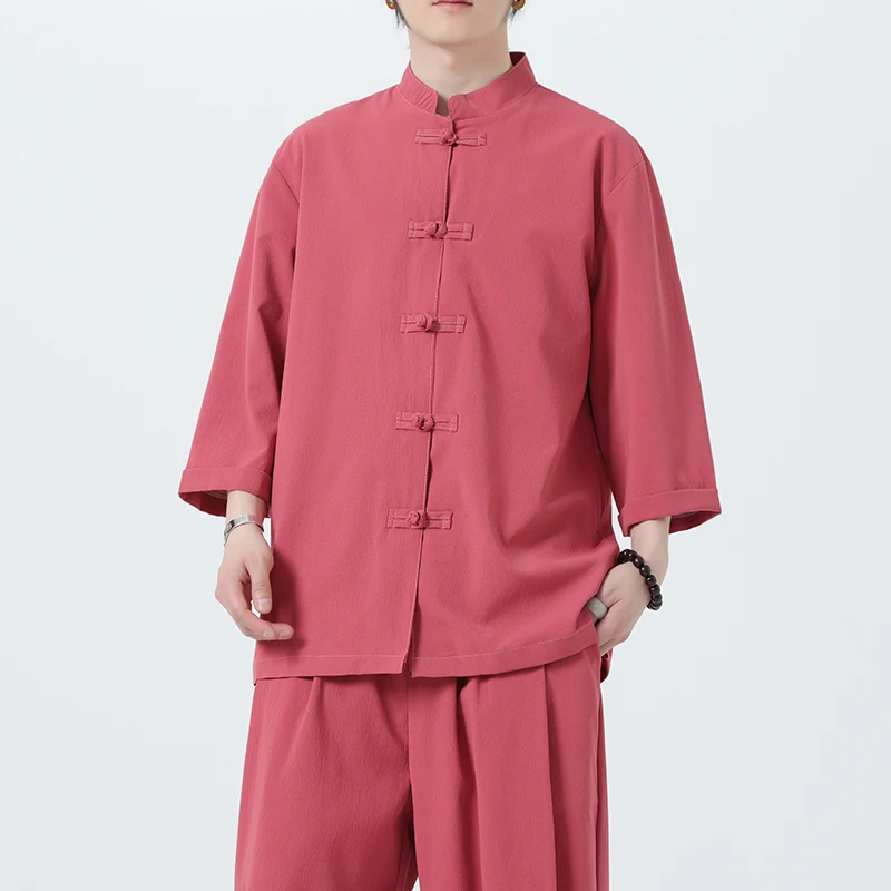 Men Chinese Style Hanfu Shirt 3/4 Sleeve Mens Loose Tops Tang Suit Solid Traditional Kung Fu Shirts Male Chinese Shirts M-5XL