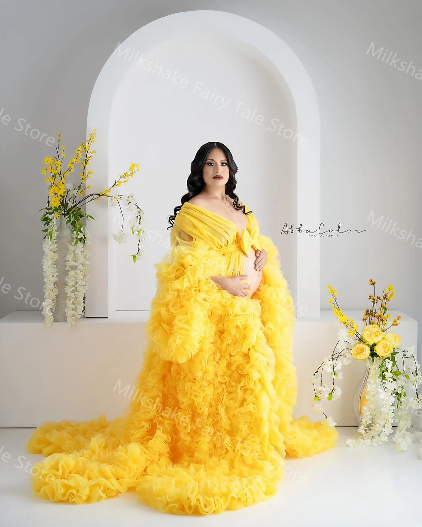 Puffy Yellow A Line Evening Dresses for Pregnant Women Tiered Ruffles Maternity Robes Long Sleeves Front Split Baby Shower Gowns