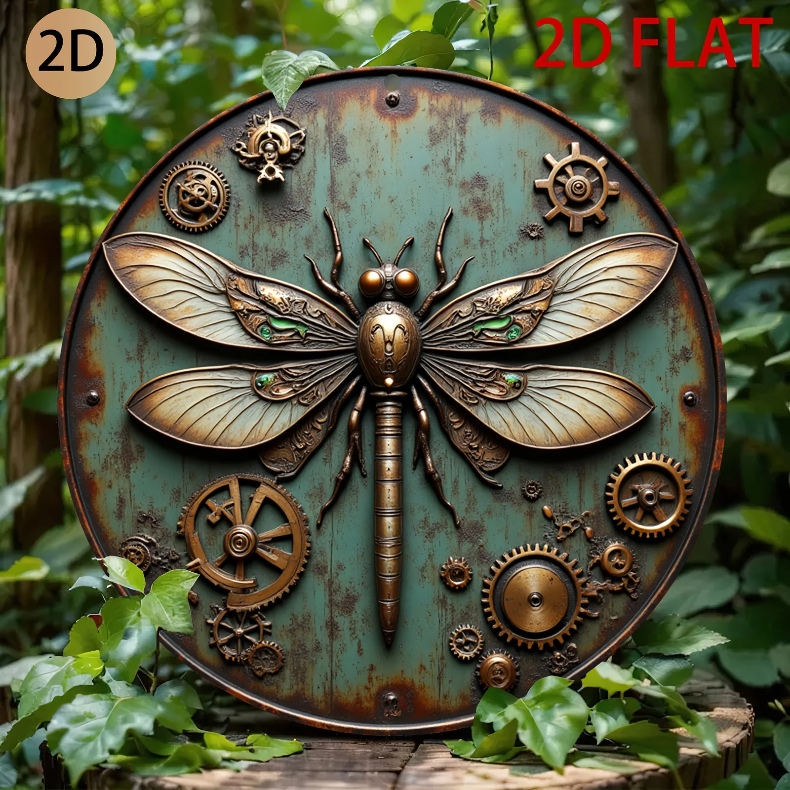 HD Tin Sign, Steampunk Dragonfly Gear Round Metal Wall Art, Vintage Industrial Decor