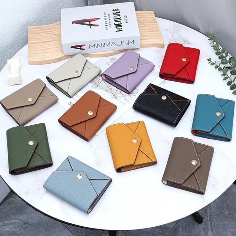 Short Envelope Wallets Genuine Leather Small Wallet for Women Credit Card Holder Compact Leather Hasp Purses with Zipper Pocket