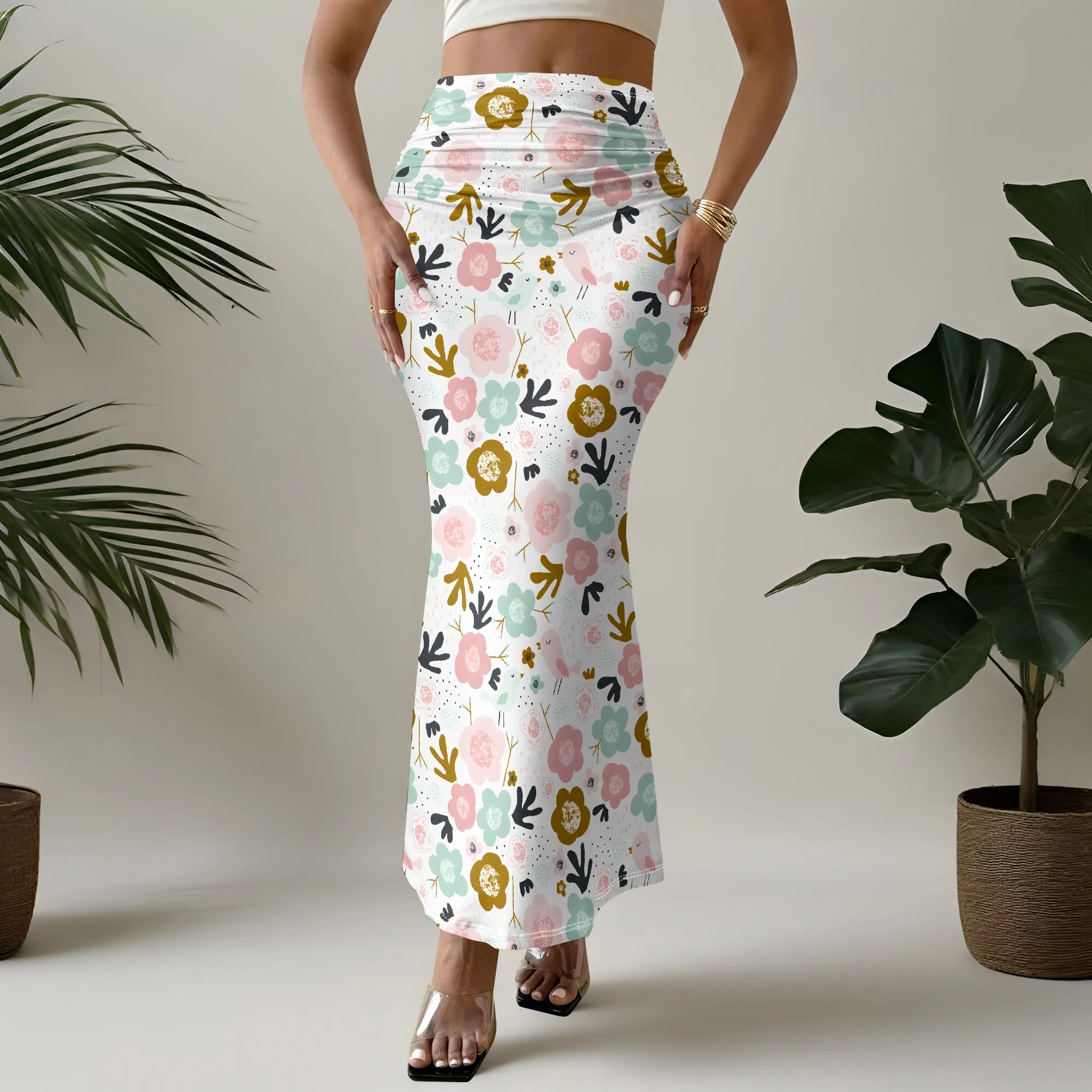 Floral Mermaid Skirt, Boho Print Midi Skirt, Ruffle Hem Skirt, Women's Summer Skirt, S-2XL