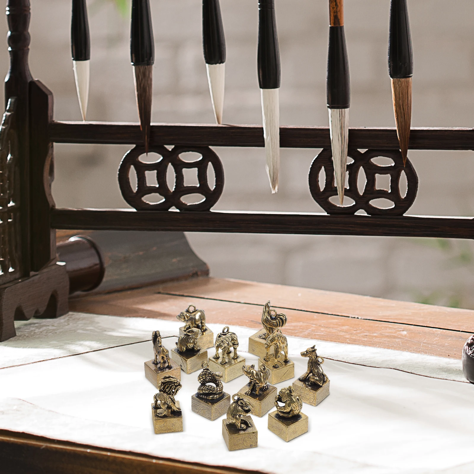 

12Pcs Brass Zodiac Animals Sculpture Set Retro Style Decoration Keychain Pendant Home Desktop Office