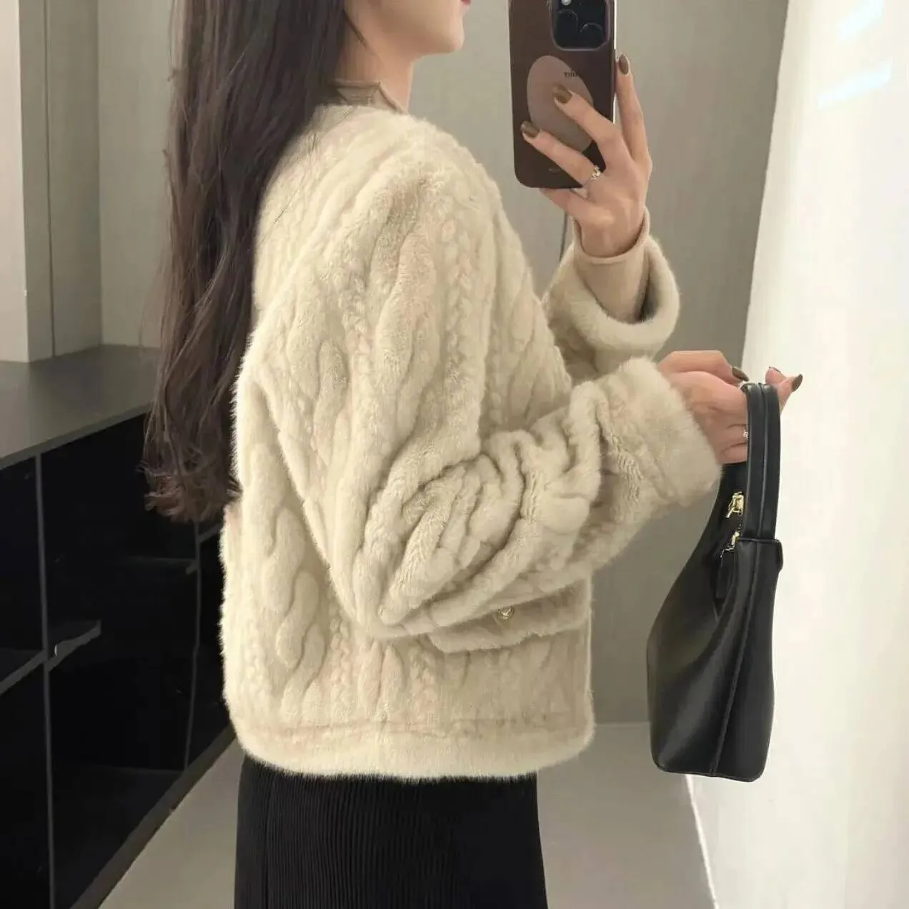 Winter Women's Fur Quilted Plaid Outerwear Button Detail Round Ne Long  Commute Coat