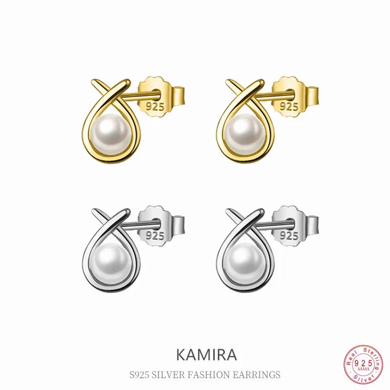 KAMIRA Real 925 Sterling Silver Fashion Synthesis Pearl Stud Earrings For Women Christmas Gift Irregular Design Unusual Jewelry