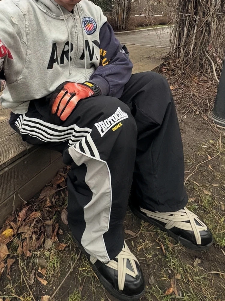 

Ailz Fugui Protocol American Sle Nylon Baggy Straight Leg Pants Men's Belted Cuffed Trousers Youth Faion Wear for Spring