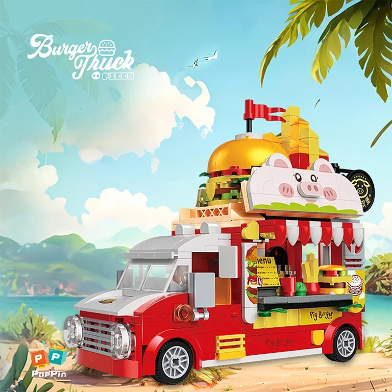 City Street View Dining Car Food Snacks Hamburg Car Dining Mini Building Blocks Flower Shop Car Bricks Friends Children Toy Gift