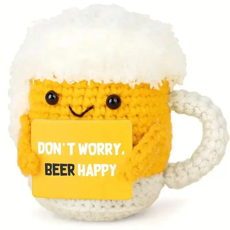 Divertida Muñeca de Ganchillo con Forma de Vaso de Cerveza para Apoyo Emocional, con Tarjeta, Adorno de Escritorio, Muñecas de Cerveza Tejidas a Mano, Regalos de Navidad, Decoración del Hogar