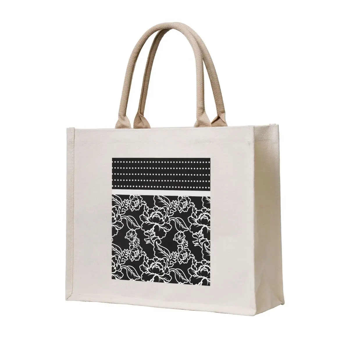 

Floral and Dots (White on Black) Tote Bag personalized tote custom men's