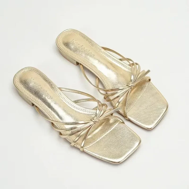 Cross-Tied Flat Shoes Female Ladies' Slippers Low Narrow Band PU Slides Buckle Strap Rubber Low Cross-Tied Shoes Woman 2024 Slip