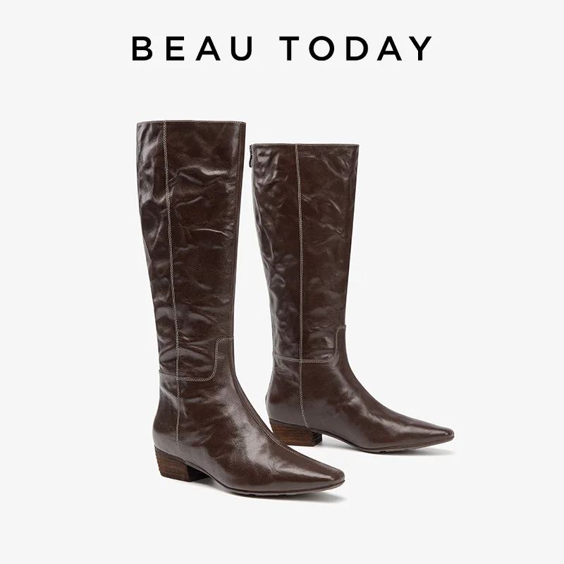 BEAUTODAY Long Boots Women Calfskin Leather Solid Color Zipper Square Toe Over Knee Ladies Shoes Handmade 01493