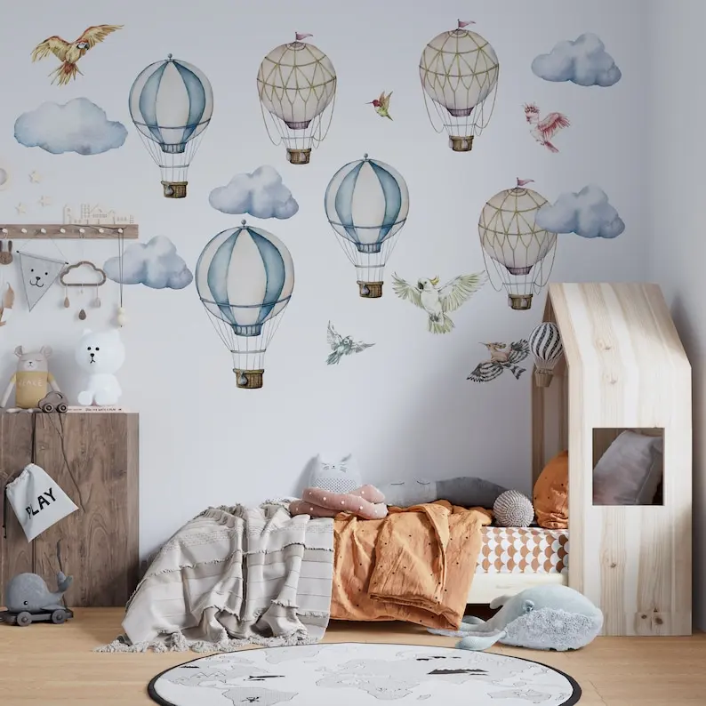 hot air balloon wall decal, hot air balloon art, cloud wall decal, Nursery wall decal, Boys wall decal, Watercolor Hot air ballo