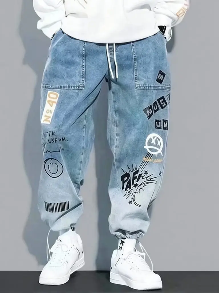 Hip Hop Anime Print Baggy Jeans Men Gradient Casual Sport Jogger Pants Drawstring Denim Pants Sweatpants Korean Loose Washed