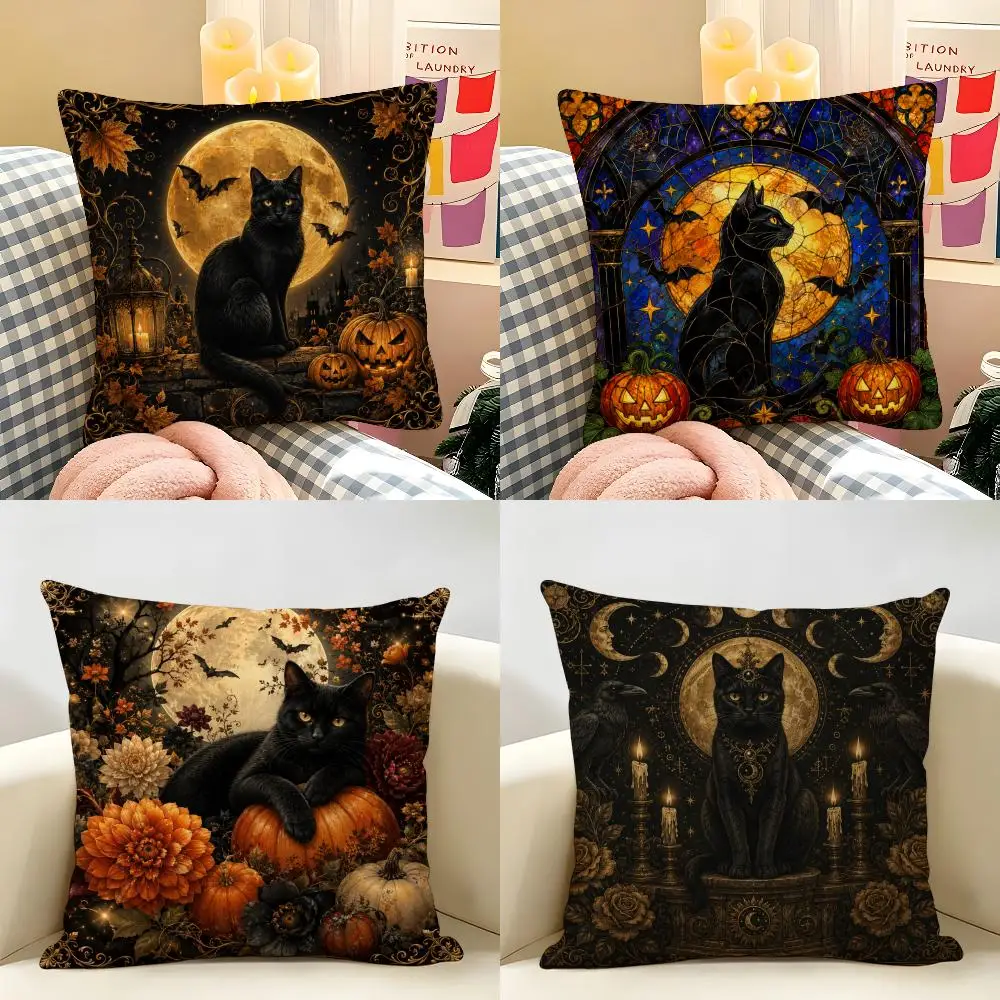 Art Black Cat Halloween Cushion Cover Natural Linen Organic Fabric Double-Sided Printing Breathable Perfect For Home Decor