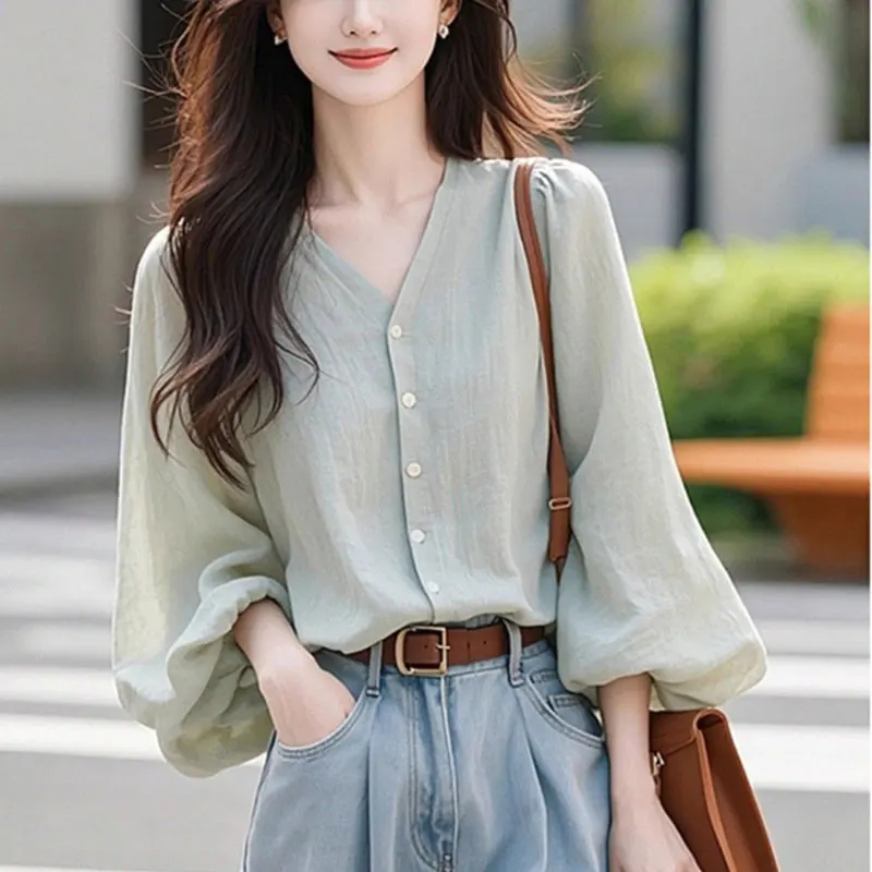 Women\'s Autumn Fashion Simplicity Solid Color V-neck Long Sleeve Chiffon Shirts Women Clothes Casual All-match Temperament Tops