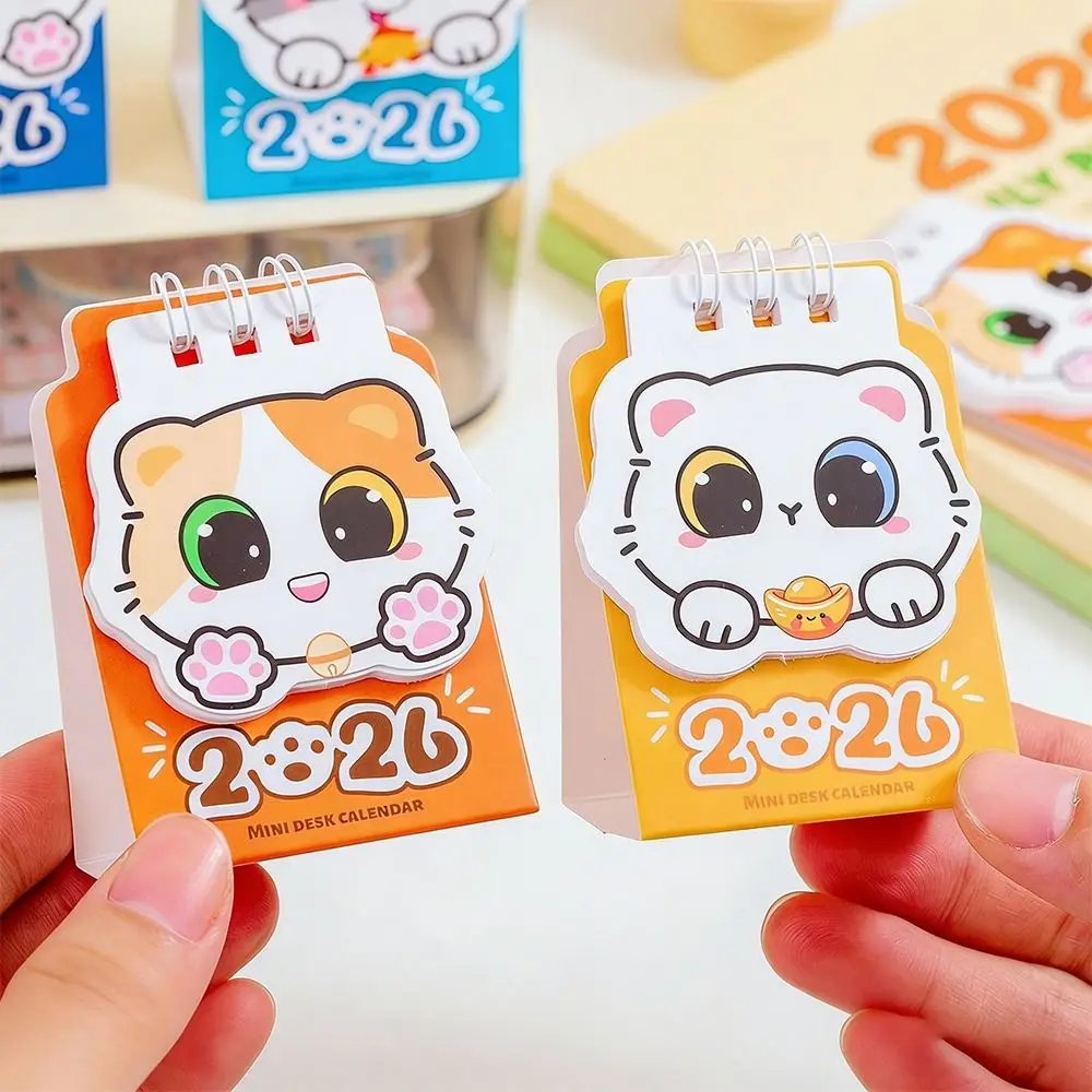 Cute Mini 2026 Desk Calendar Cartoon Cat Portable Coil Calendar Schedule Mark Schedule Planner Office Desk Accessories