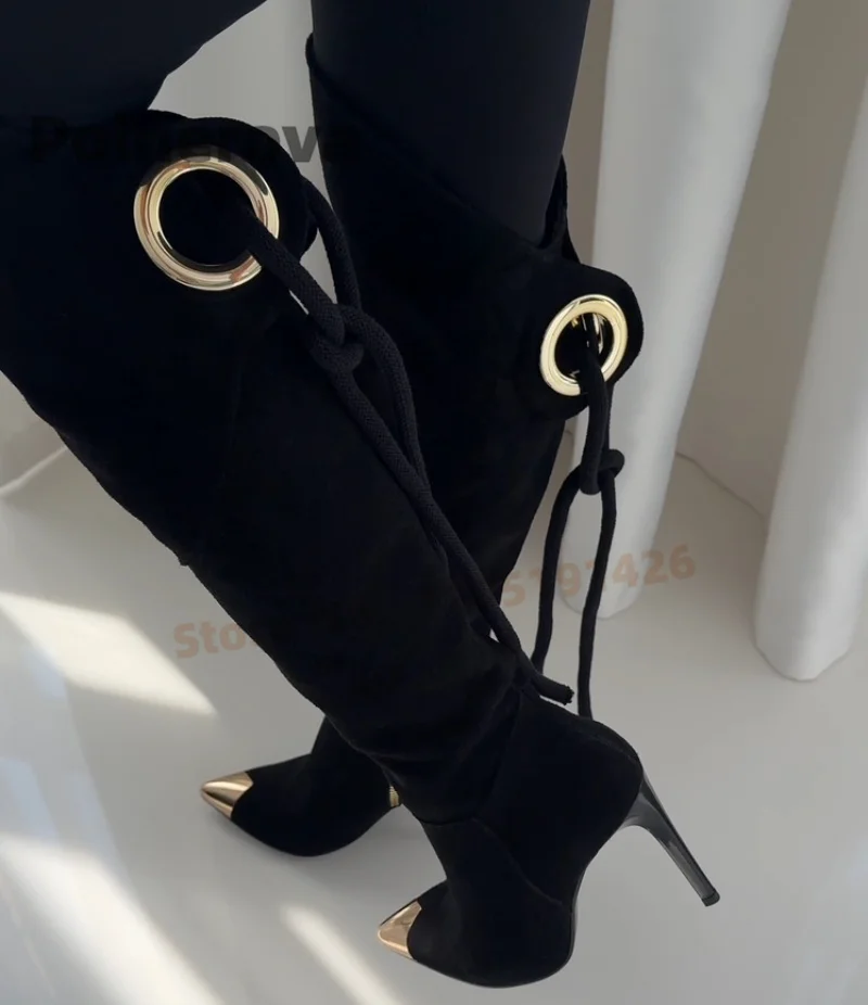 

Замшевые сапоги до колена с металлическим острым носком, женские элегантные кожаные высокие сапоги на тонком высоком каблуке, модные туфли с декором в виде кольца