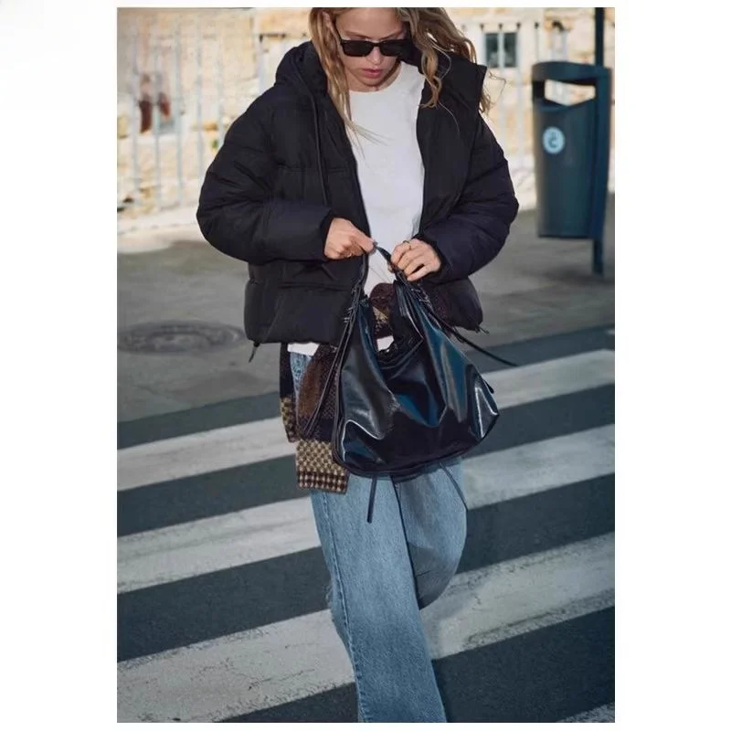 

Loose Long Sve Thiened Cotton Jaet Coat for Women Spring New Sle 2025 Hooded Outerwear Casual Street Sle Zipper Cl...