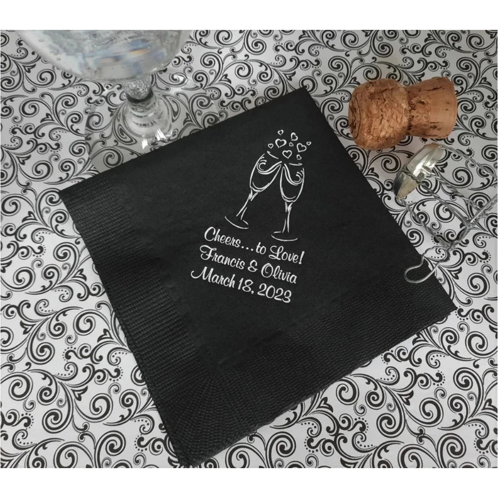 Custom Champagne Cocktail Napkins, Wedding Reception Napkins, Engagement Party Napkins with Hearts, Black Napkins, 50PCs