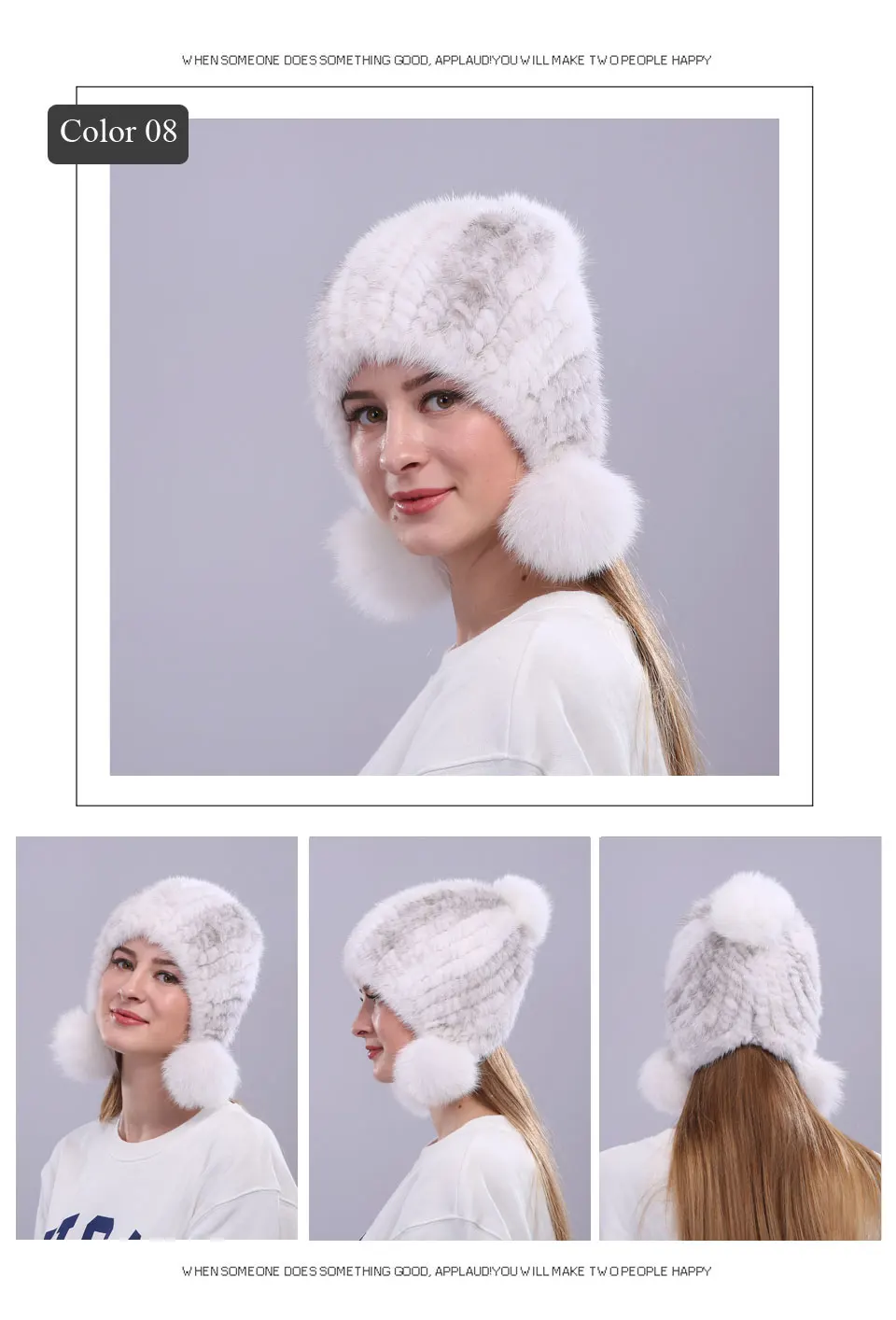 Echte Nerz Pelzmütze mit Fuchspelz Ball Ohrenschützer Schutzkappe Wintermütze für Frauen Russische Trapper Herbstmütze Beanie Herbstmütze – Detail 11