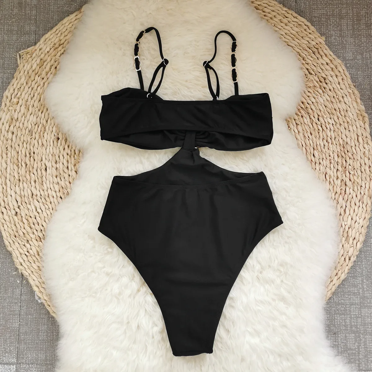 Vintage Metal Shell Buckle One Piece Swimsuit Skirt Set Women Black Beads Strap Hollow Out Bathing Suit Holiday Swimwear 2025