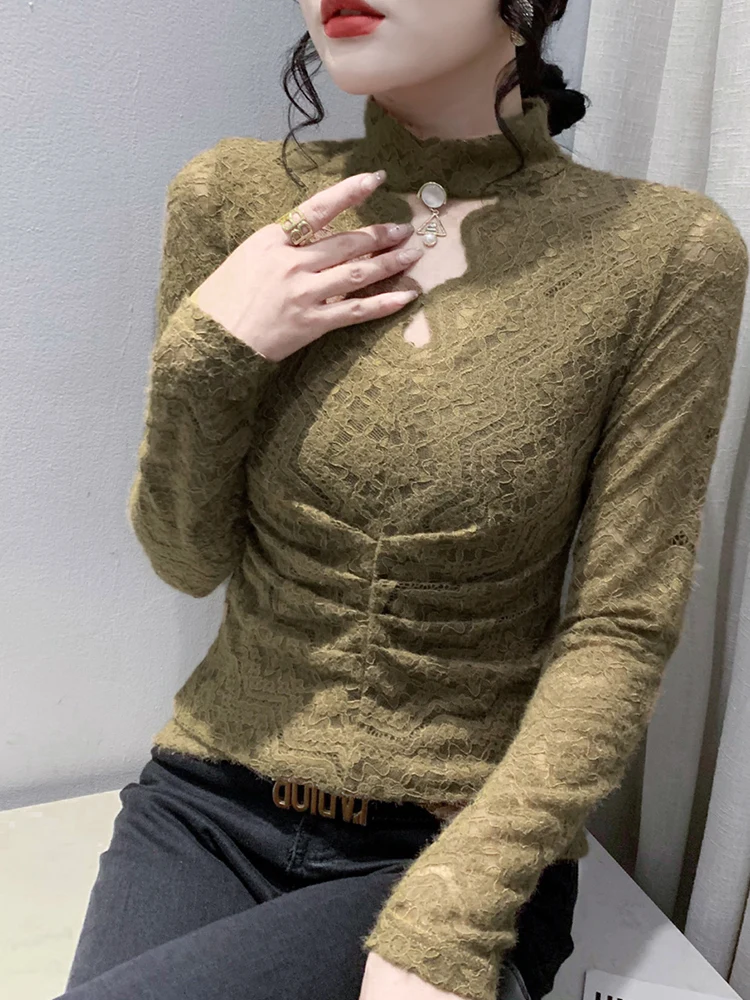 

Thiened Fce Women's Base irt Hollow out Lace Long Sve Slimming Top Trendy Versatile Autumn Winter European Sle Sexy