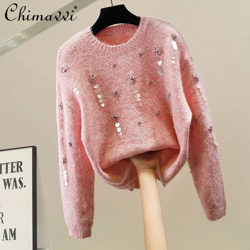 

Autumn Winter New Fashion Pink Heavy Beaded Sequin Sweater Women Slim Fit Round Neck Long Sleeve Elegant Pullover Knitted Top