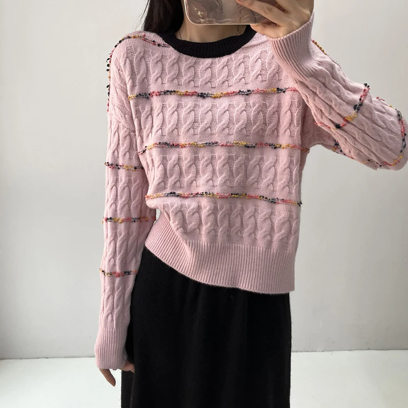Koreanische Version süßer und eleganter Pullover Damen Herbst und Winter neuer vielseitiger Rundhals-Farbblock-gestreifter Pullover