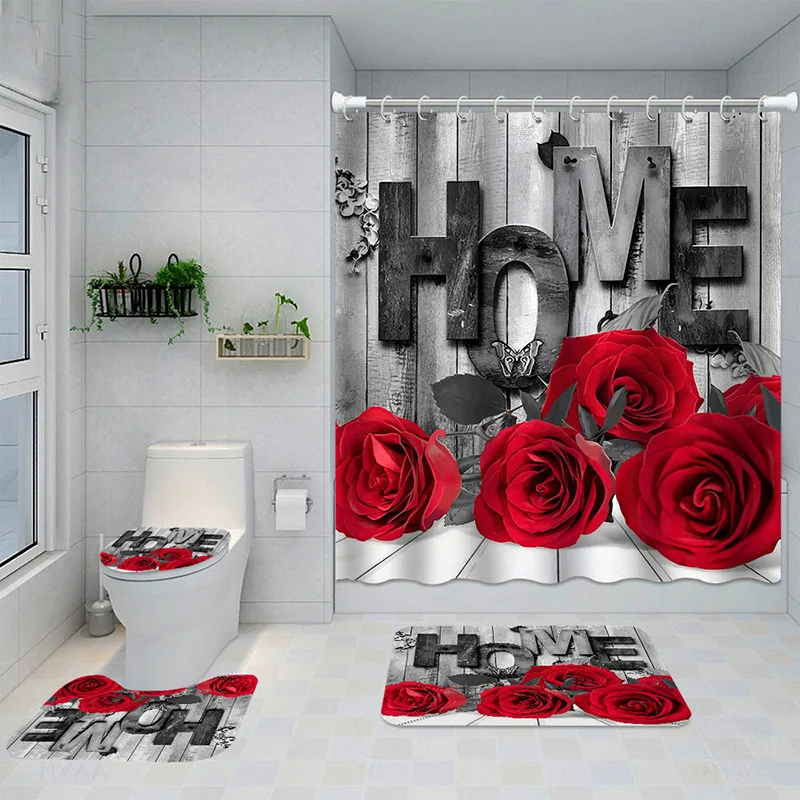 

3D Rose Flower Waterproof Shower Curtain Set Non-slip Floor Mat Sets Bathroom Sets with Shower Curtain and Rugs Bathroom Decor