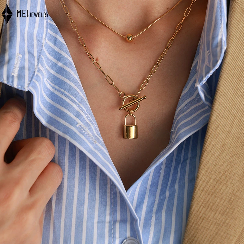 

Trend Stainless Steel Jewelry OT Buckle Two Wear Lock Head Steel Ball Pendant Clavicle Chain Double Layer Stacked Necklace