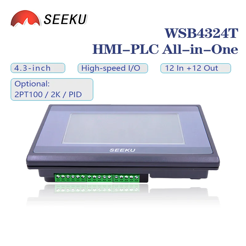 SEEKU 4.3 inch HMI PLC All In One Transistor 12 In 12 Out High-speed I/O 4-20MA Analog MODBUS 2CH PT100 K Type PID Optional