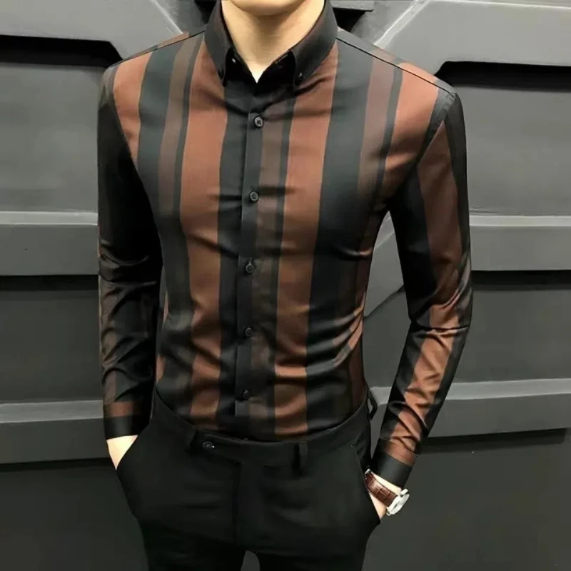 Turn-down Collar Spring Autumn Men\'s Clothing Long Sleeve Striped Button Cardigan Contrast Color Shirt Casual Formal Tops
