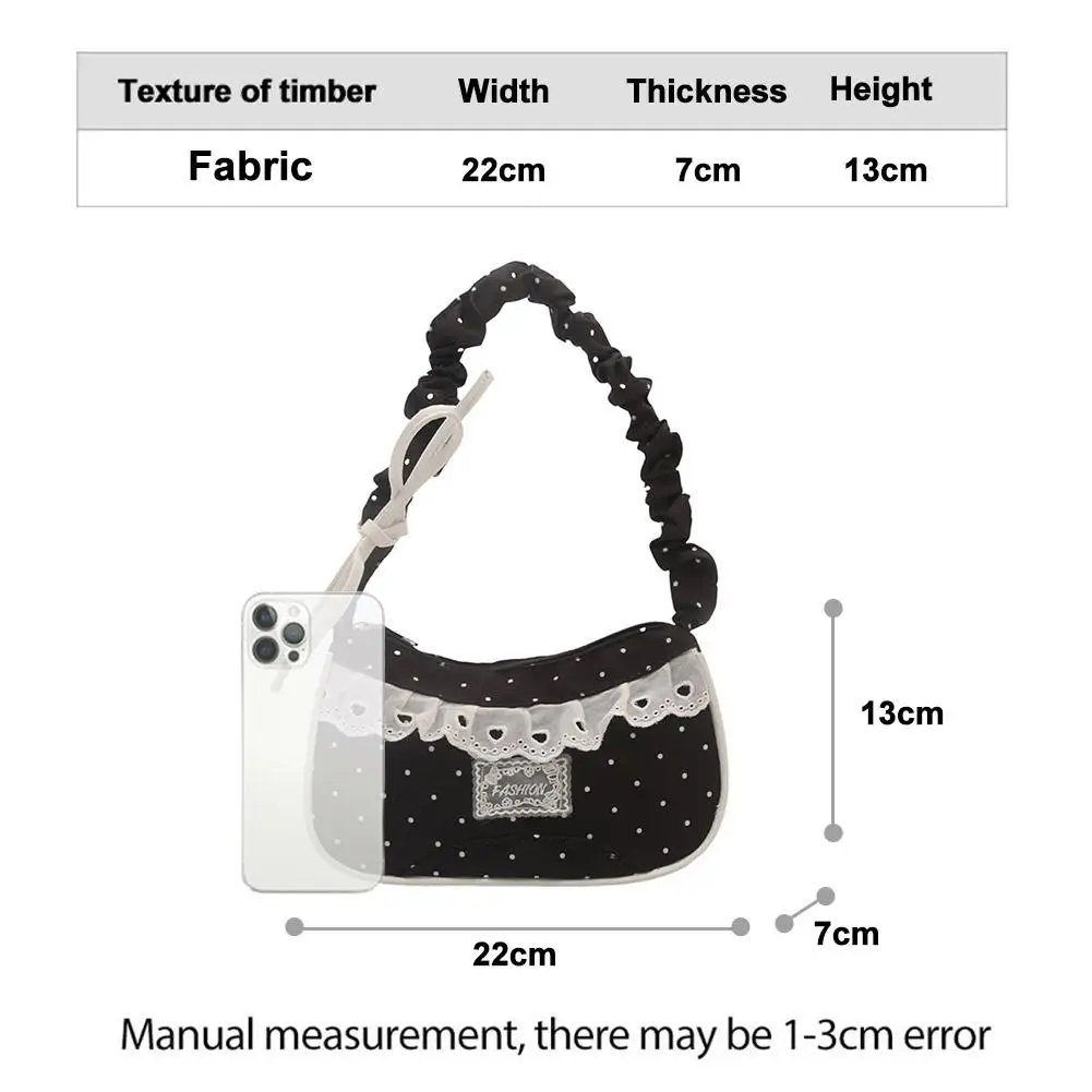 Niedliche Spitzen-Schultertasche mit Tupfenmuster, Süße Unterarmtasche mit Schleife, Y2k Mode, Lässige Schultertasche, Umhängetasche – Detail 36