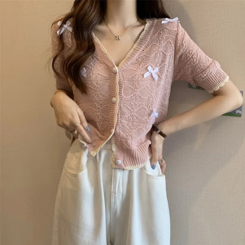 2024 Summer New Sweet Women Knitted V-neck T-shirt French Retro Versatile Breathable Short-sleeved Bow Hollow Out Crop Top