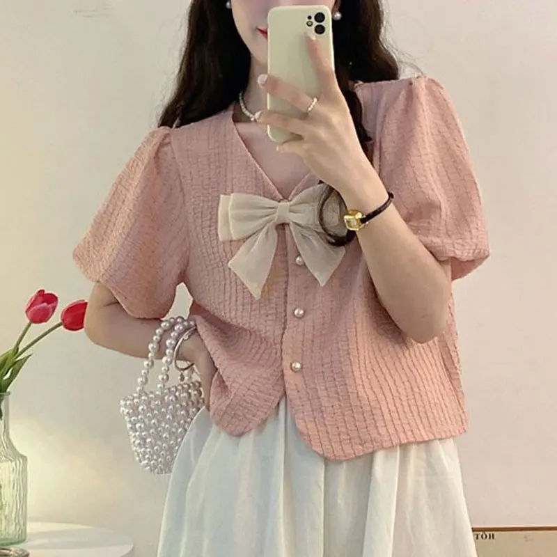 

Korean Sweet V-Neck Bow Shirt Women's Clothing Elegant Single-breasted Summer Solid Color Casual Basic Short Sleeve Loose Blouse