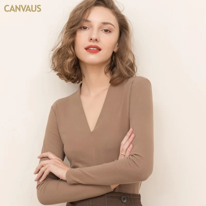 High Quality Women's Clothing Autumn and Winter NewVCollar Long Sleeve Cotton Thin Velvet Solid Color Slim-Fitting Simple Europe