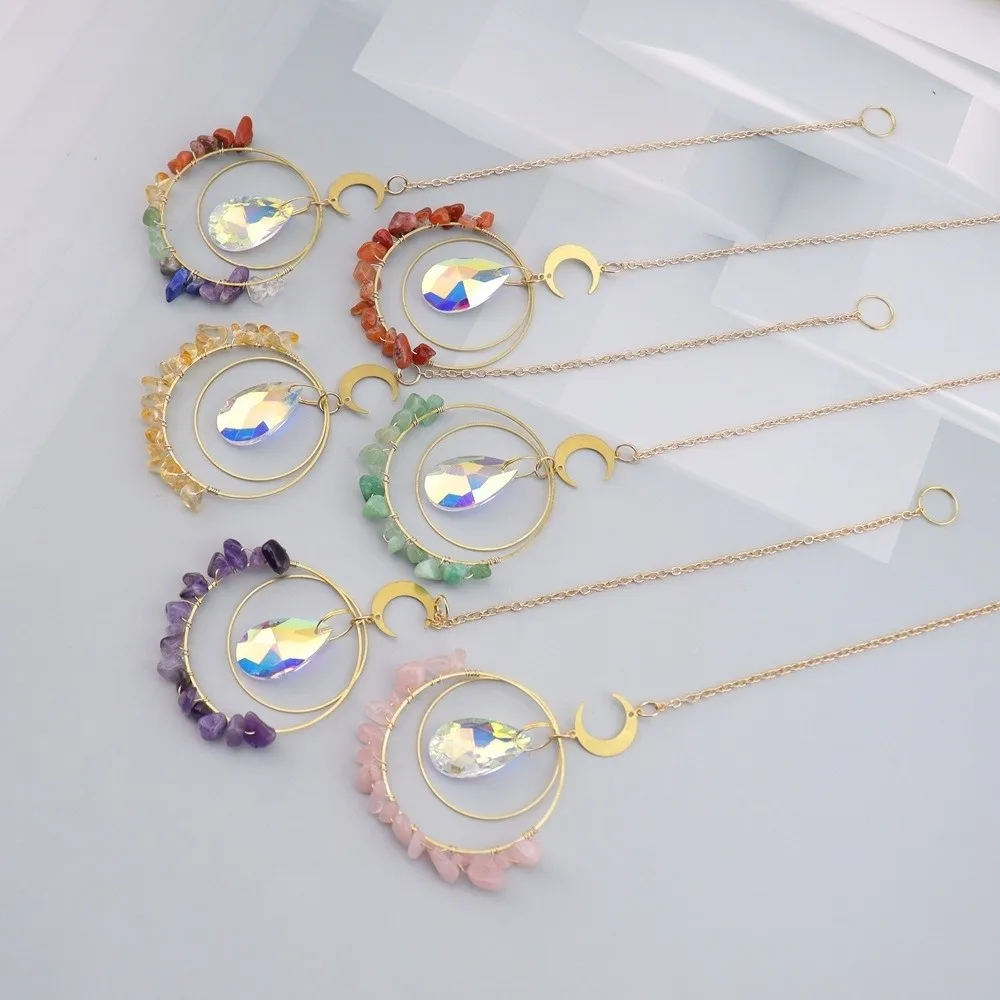 Circle Crystal Suncatcher Amethyst Stones Hanging Rainbow Maker Light Catcher Wind Chime Style Hanging Crystal Ornament