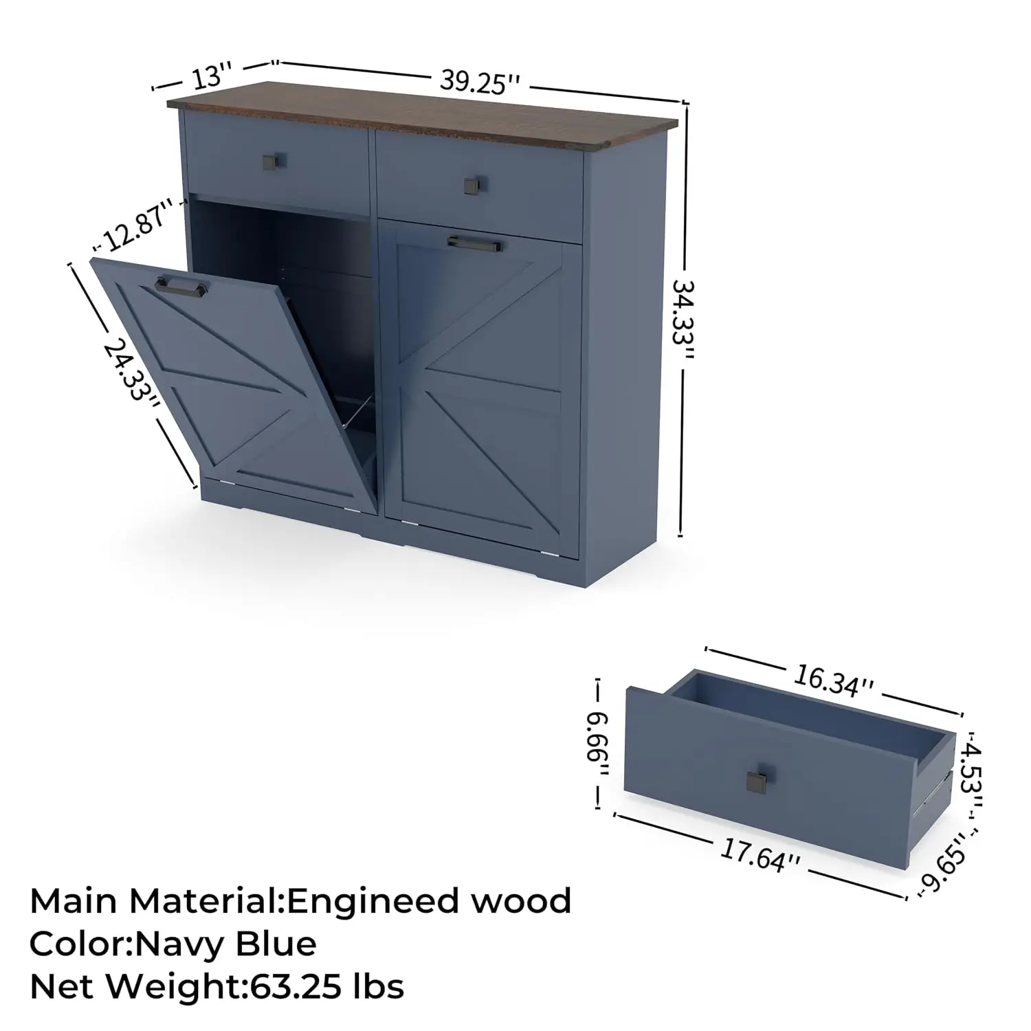 Double Tilt Out Trash Can Cabinet, 20 Gallon Laundry Hamper Cabinet with 2 Drawers, Freestanding Kitchen Trash Can,, Customized