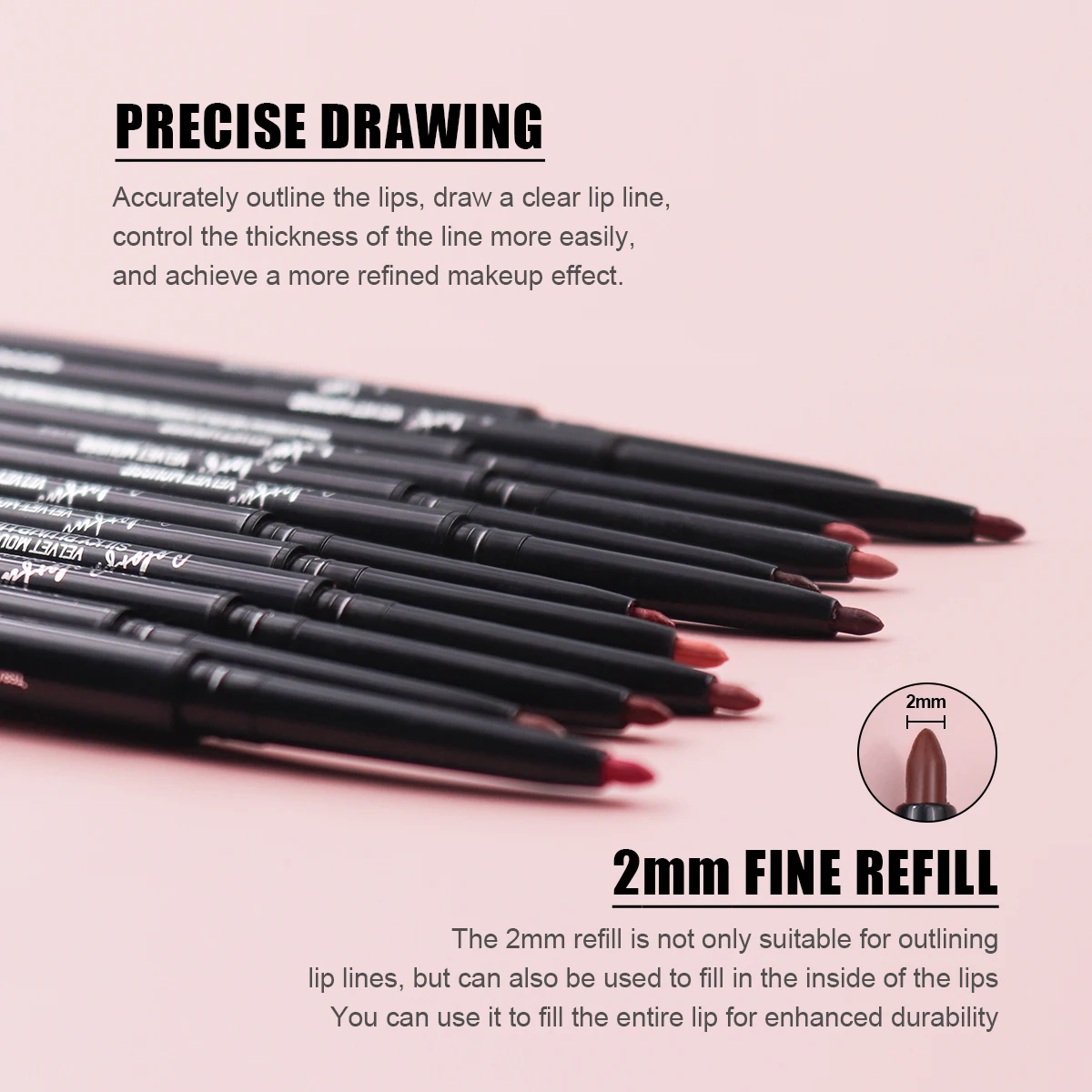 Matita per labbra opaca impermeabile a 12 colori, linee delle labbra di lunga durata facili da scivolare e difettono, morbido velluto adatto a tutti i tipi