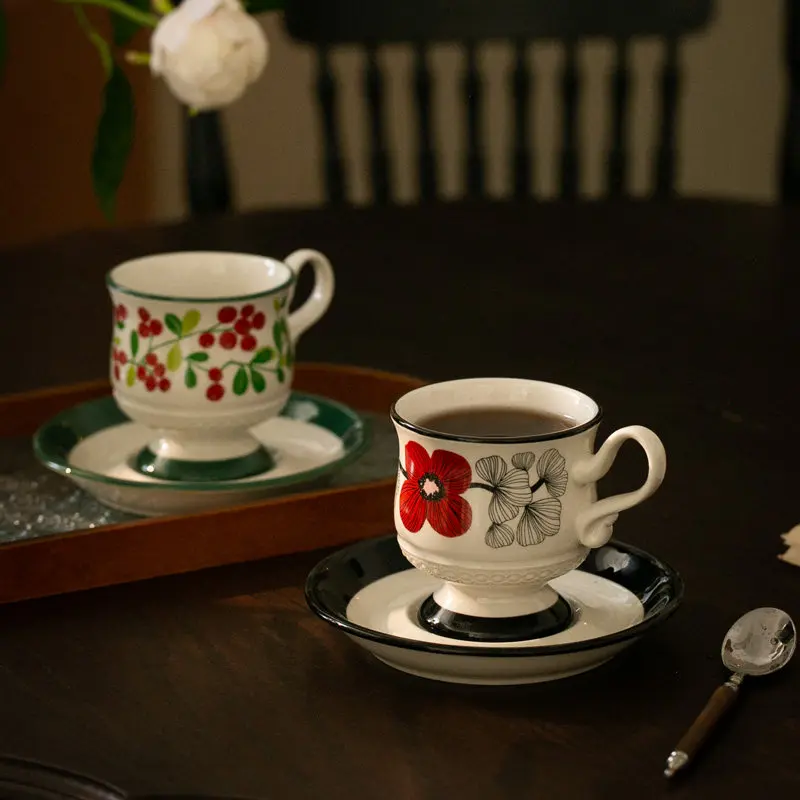 Vintage Chinese Style Ceramic Coffee Cup & Saucer Set Retro Afternoon Tea Mug Hand Drip Dish Ins Internet-Famous Tableware Decor