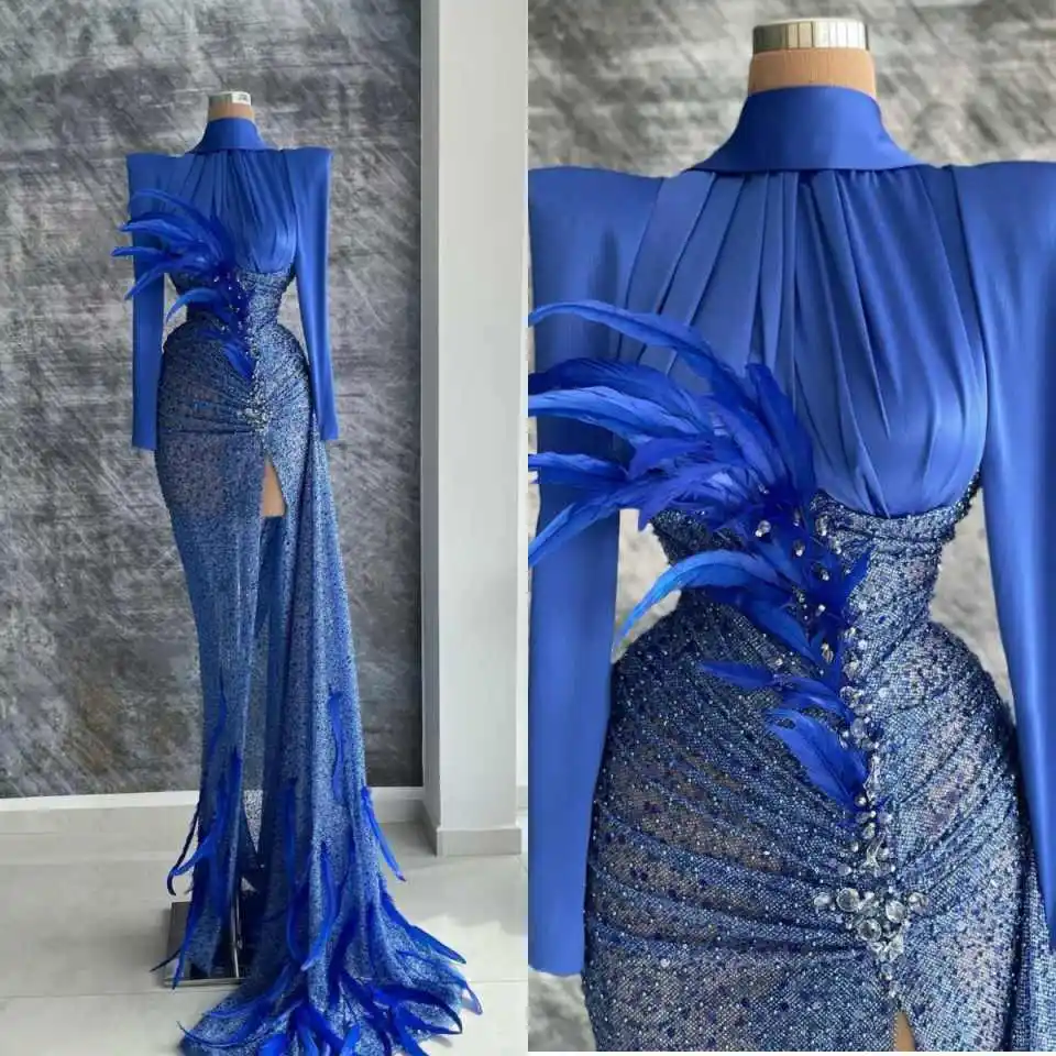Gorgeous Crystal Evening Gown High Neck Long Sleeve Feather High Slit Mermaid Party Dress For Prom Gala Banquet Customized