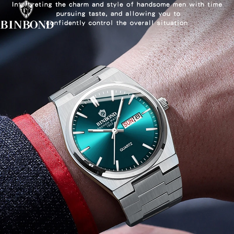 BINBOND Fashion New Men Business Watch Leisure Quartz Stainless Steel Buckle Watches Waterproof Luminous Calendar Men\'s Watches