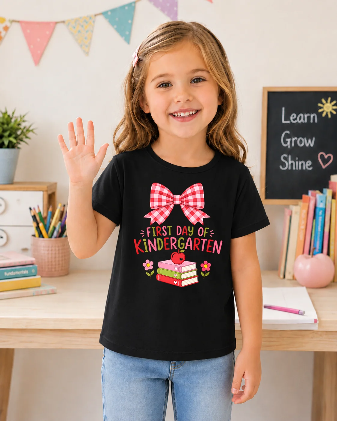 First Day of Kindergarten Girls T Shirt Cute Bow Book Apple Graphic Kids Short Sleeve Tee Back To School Toddler Girl Clothing K
