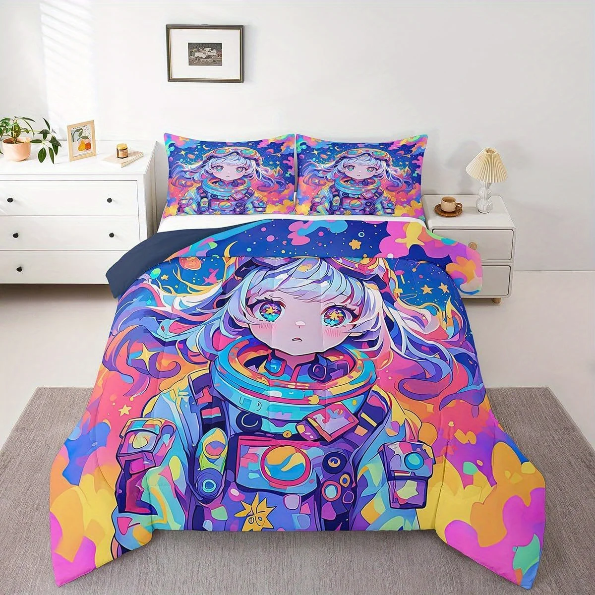Erosebridal 3/2pcs Watercolor Anime, 3D Anime Comforter Set Cosmo Galaxy Bed Beding Set for Graffti Stars Print Duvet Insert